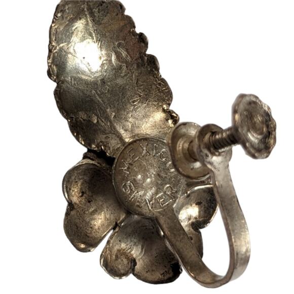 Silver and turquoise screw back flower earrings VINTAGE - Picture 6 of 8